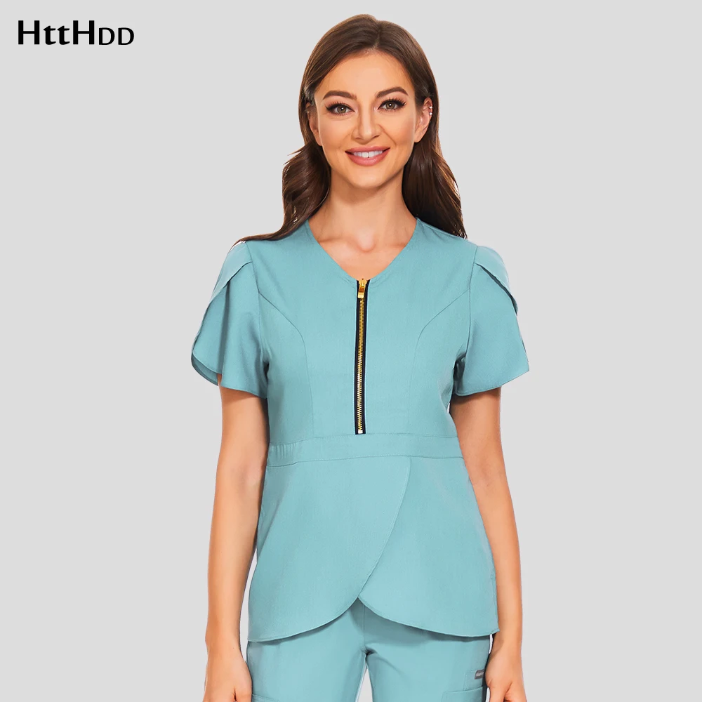 

New Fashion Slim Blouse Women Casual V Neck Scrub Tops Spa Beauty Salon Working Uniform Surgery Doctor Nurse Medical Scrub Shirt