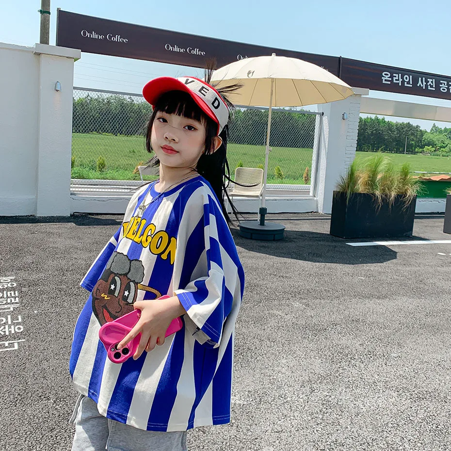 

Stripped Shirt For Girl 8 10 12 years Summer Teenage Girl Blue White Loose Tops