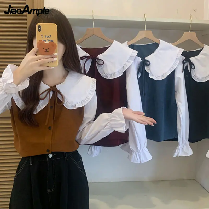 

Spring Autumn Women's Sweet Bowknot Fake Two Piece Shirt Japan Korean Preppy Style Student Peter Pan Collar Patchwork Tops 2022