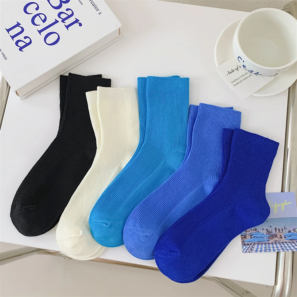 

Blue Medium Tube Candy Color Socks Woman Long Socks Cotton Spring Autumn Korean Fashion Solid Color Kawaii Socks Harajuku Gyaru
