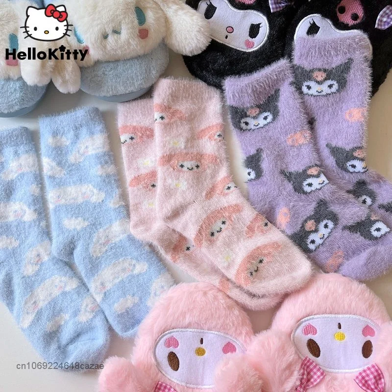 Sanrio Kuromi Melody New Plush Socks Women Kawaii Soft Middle Tube Socks Y2k Girl Cartoon Aesthetic Short Stockings Friend Gifts