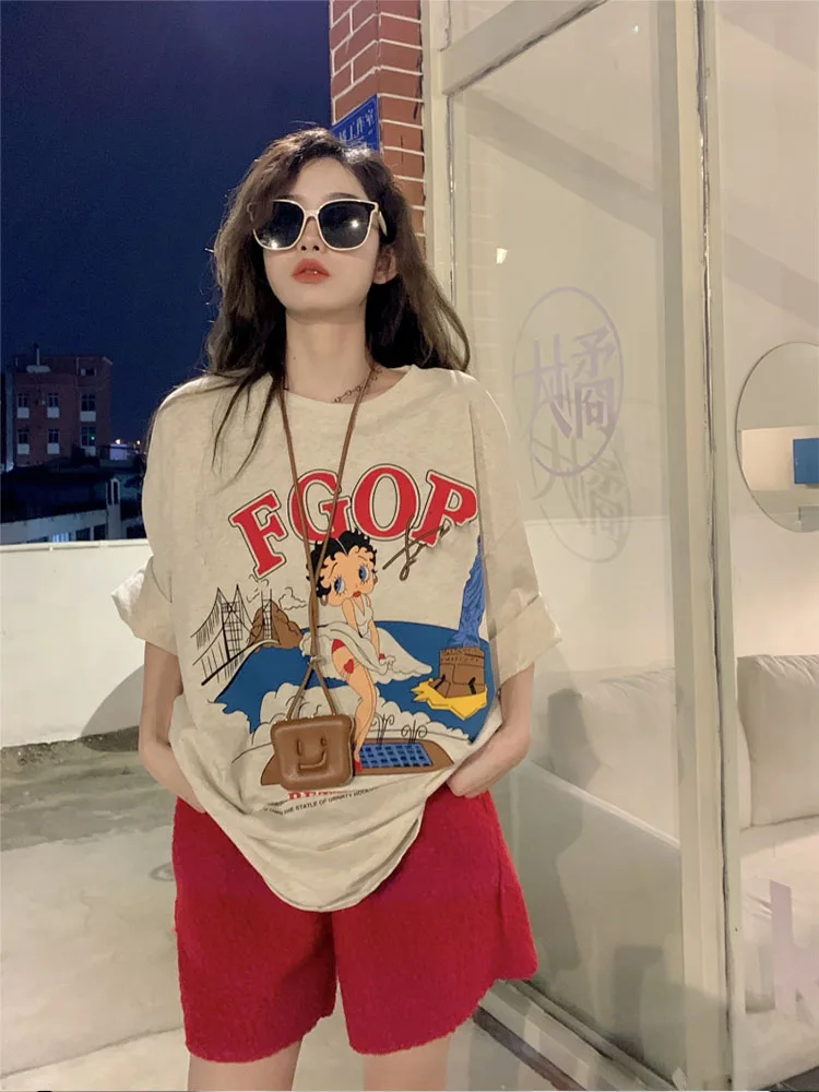 

Женская свободная футболка с буквенным принтом в стиле ретро Ins, японские футболки Ulzzang в Корейском стиле, одежда для женщин в стиле Харадзюку