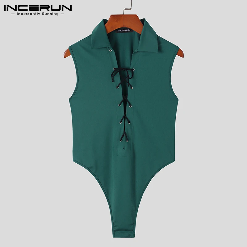 INCERUN 2023 Comfortable Homewear Men Onesies Sleeveless Solid All-match Simple Bodysuits Cross Straps Front Lapel Rompers S-5XL