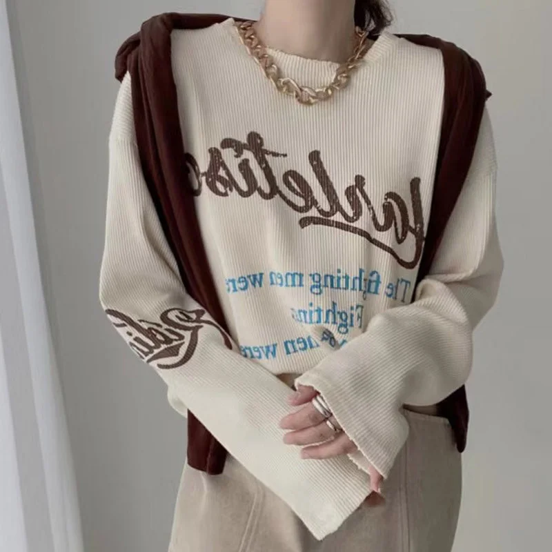 

Korean Chic Simple Round Neck Casual Loose Fashion Versatile Letter Printed Long Sleeved Women's Sweater Autumn Winter