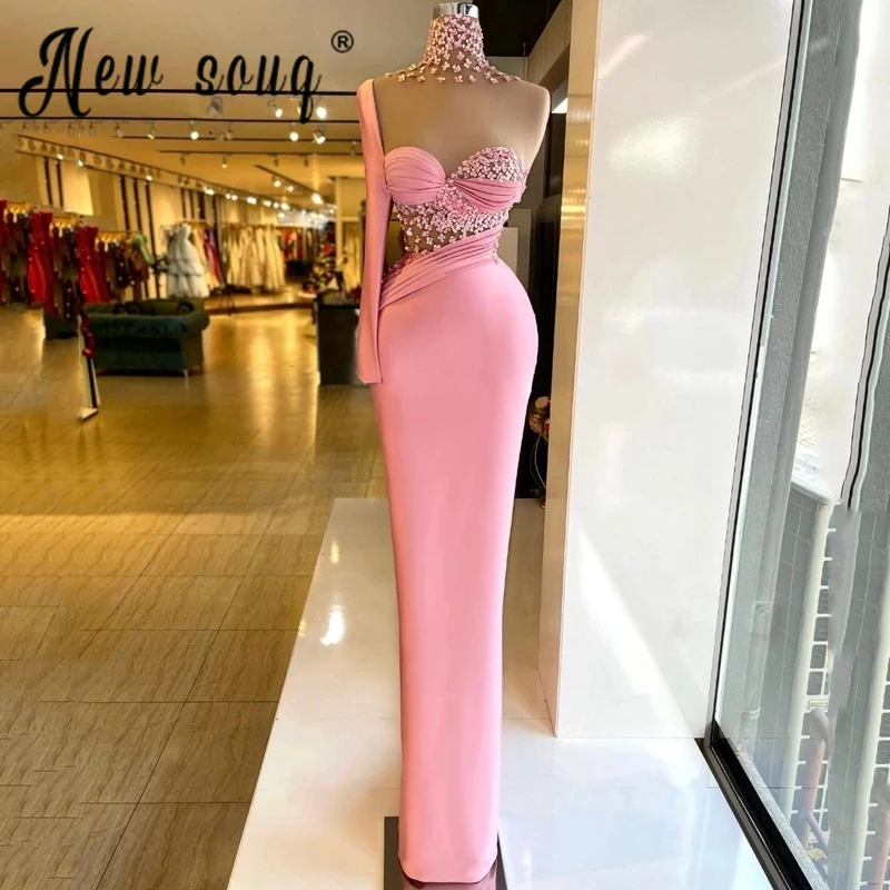 

Arabic Aso Ebi Pink Evening Party Dress 2022 Mermaid Elegant Pageant Dress Sweetheart One Shoulder Floor Legnth Prom Gowns