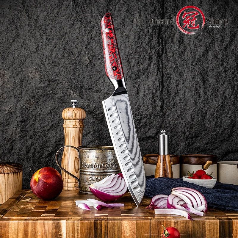 Нож Grandsharp 7 5 дюйма Santoku нож в японском стиле дамасская сталь Pro кухонный с красной