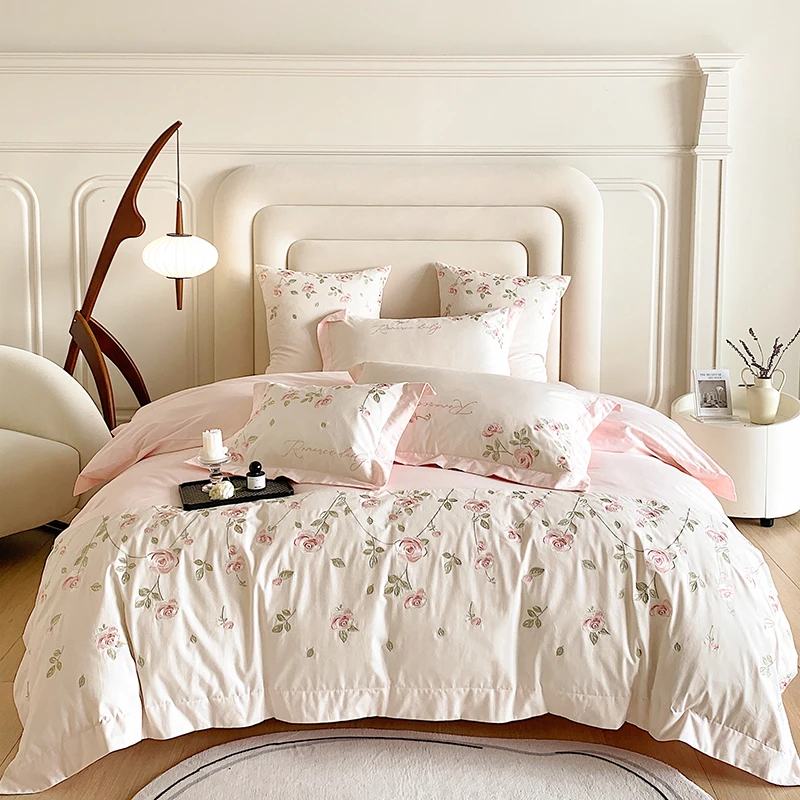 

Комплект постельного белья из египетского хлопка с вышитыми розами и пододеяльником