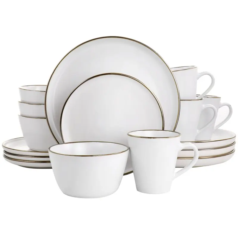 

Великолепный набор посуды из 16 предметов из керамики с золотым ободком и мягким матовым белым дизайном-идеально подходит для элегантного образа.