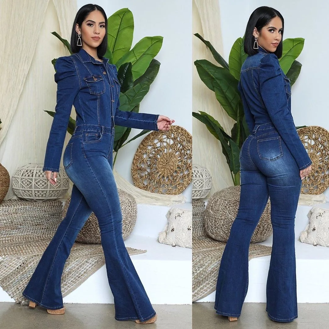Denim Jumpsuit Women Washed Skinny Jeans Micro Flared Pants Youth Denim Puff Sleeve Coats One Piece Outfit Women Club Outfits