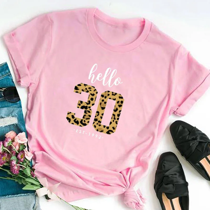 

Hello 30 Birthday shirts for women, 1992 Birthday party Shirt, Leopard print graphic t shirts. Summer Casual 100% cotton tops.