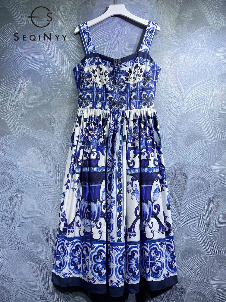 

SEQINYY Sicily Midi Dress Summer Spring New Fashion Design Women Runway High Quality 100% Cotton Vintage Blue Flowers Print