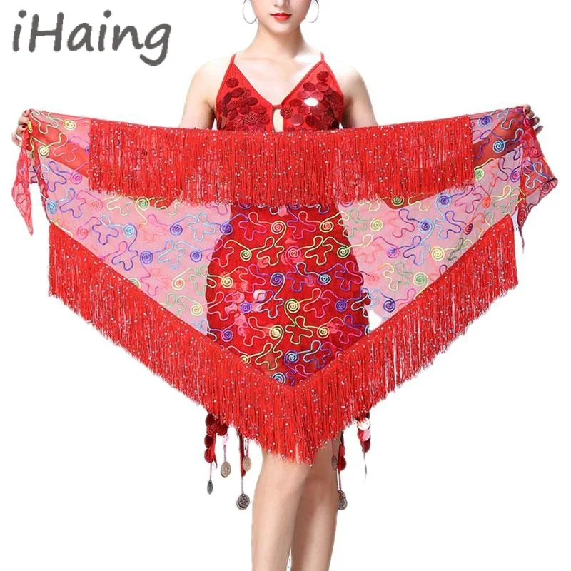 

Sparkly Tassel Sequins Belly Dance Hip Scarf Women Lesson Wear Triangle Waist Chain Skirts Wrap Belt Stage Costume Rave Outfits