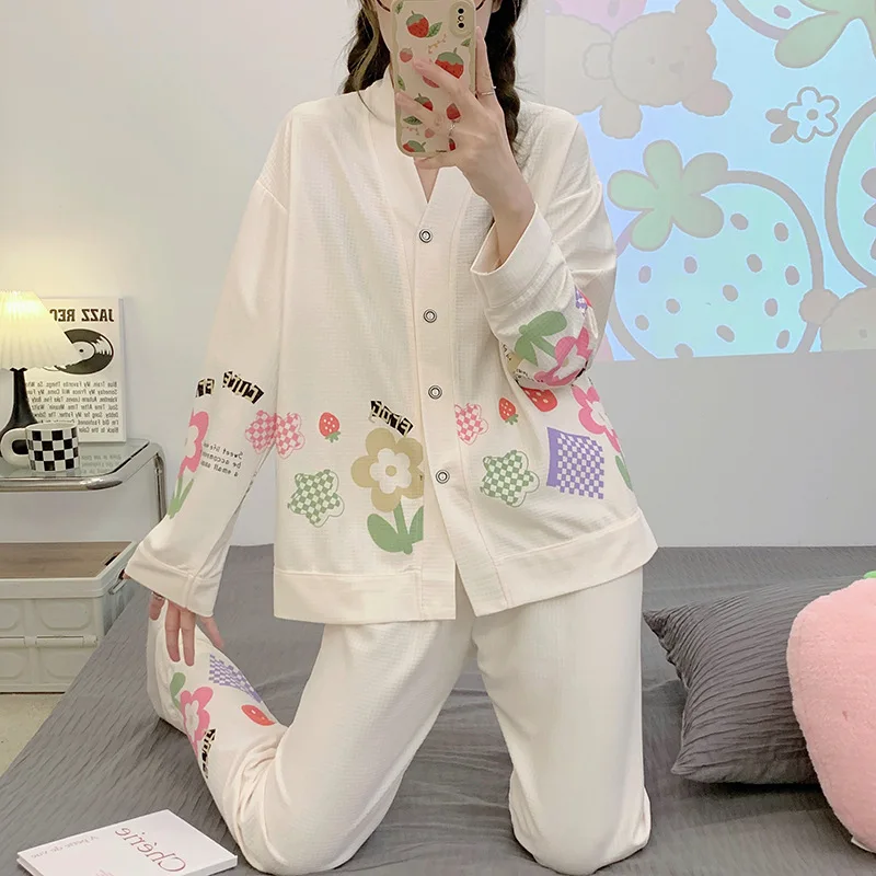 Womens 2 Piece Pajamas Set Long Sleeve Pyjama Autumn Cotton Soft Trousers Suit Femme Pyjamas Set Pjs Mujer Pijama Sleepwear