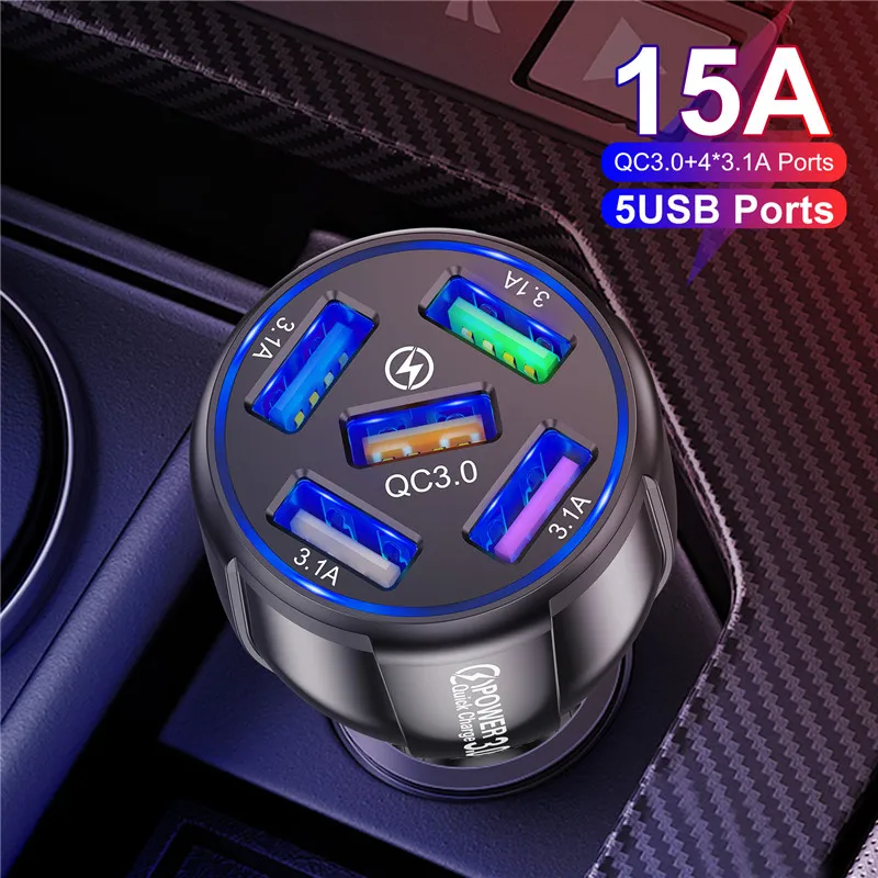 

USLION 5 Port Fast Charging Car USB Charger For Xiaomi redmi note 10 pro Quick Charge 3.0 15A Charger Mobile Phone Charge in Car