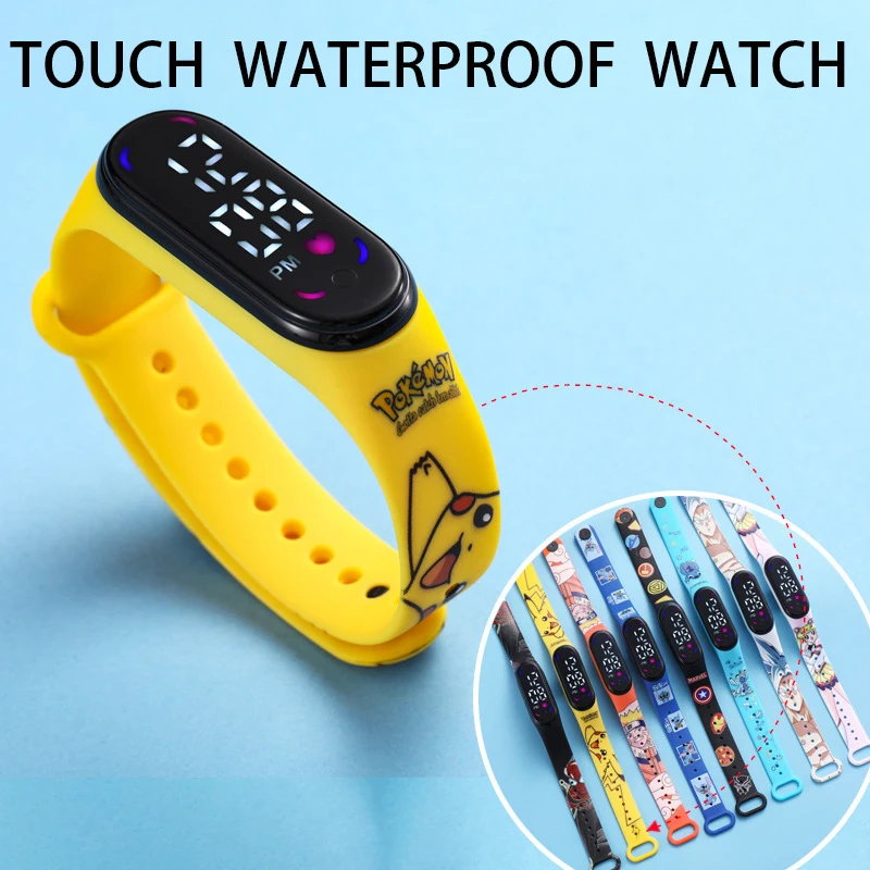 

Часы наручные Pokemon Pikachu, милые аниме аксессуары со светодиодной подсветкой, электронный сенсорный экран, водонепроницаемость 50 м, Детские Му...