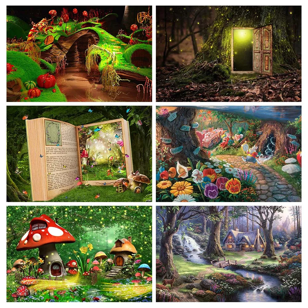 

Fairy Tale Forest Backdrops Jungle Trees Wonderland Mushroom Elves Baby Birthday Portrait Photography Backgrounds Photo Studio