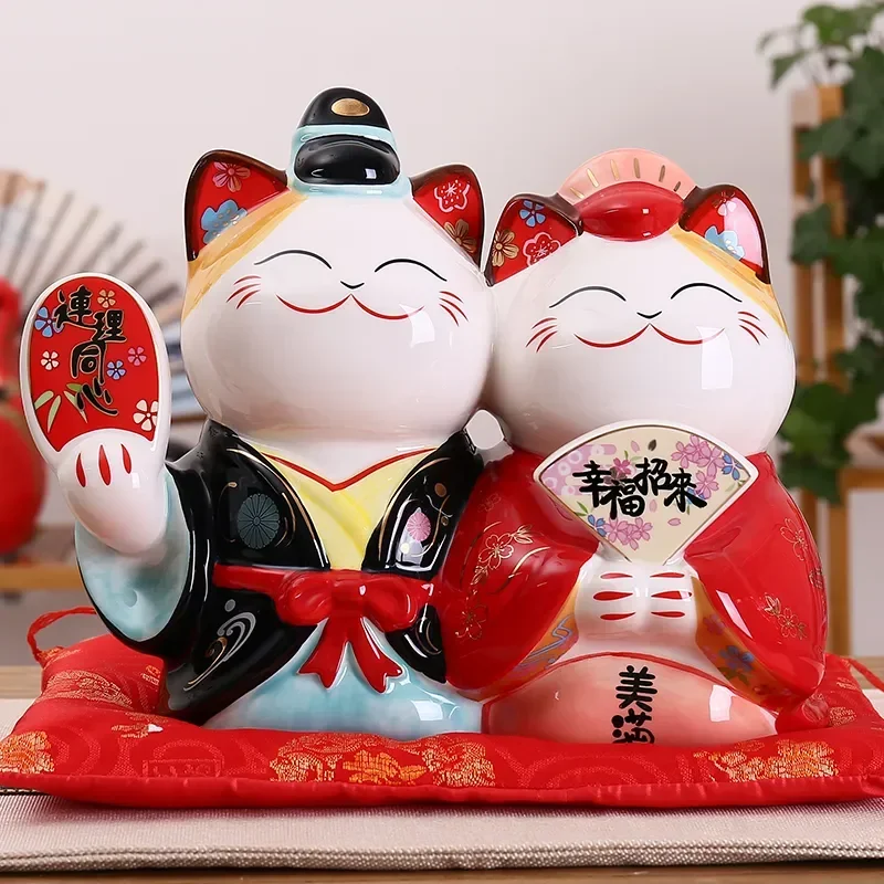 

9.4 Inch Ceramic Maneki Neko Ornament Couples Lucky Cat Home Decorative Wedding Gift Feng Shui Piggy Bank Money Box Figurine