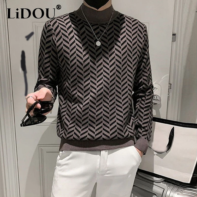 Spring Autumn Korean Casual Fashion Knitted Sweater Man Half High Neck Long Sleeve Male Pullover Basic Tops Jumpers Ropa Hombre
