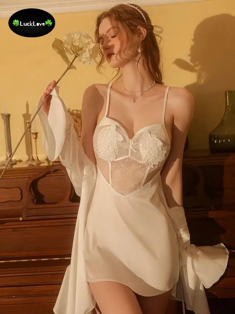 

2PCS (robe + dress) Loungewear Women Summer Sleepwear Ensembles De Pyjama Nightgown Suits Elegant Luxurious Home Wear Roomwear