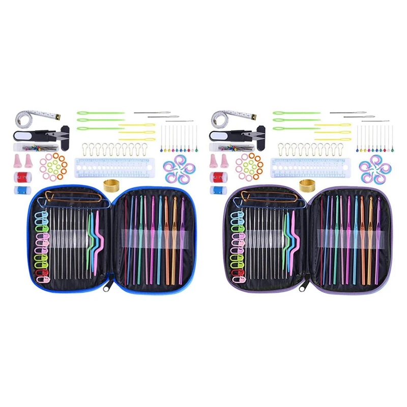 

Hot SV-200Pcs Crochet Hook Set With Yarn Knitting Needles Sewing Tools Knit Gauge Stitch DIY Craft Tools Kit (Blue & Purple)