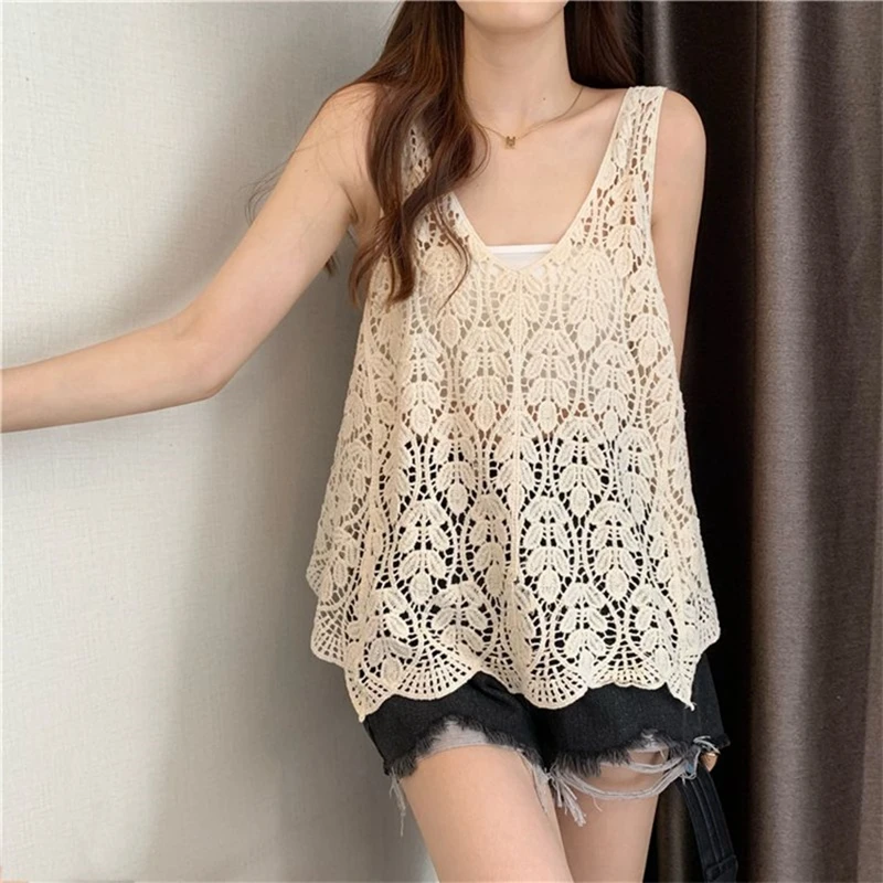 

Hooked flower knitted vest for women's top Fashion Outwear hollowed out Sleeveless Tank Tops summer loose suspender top