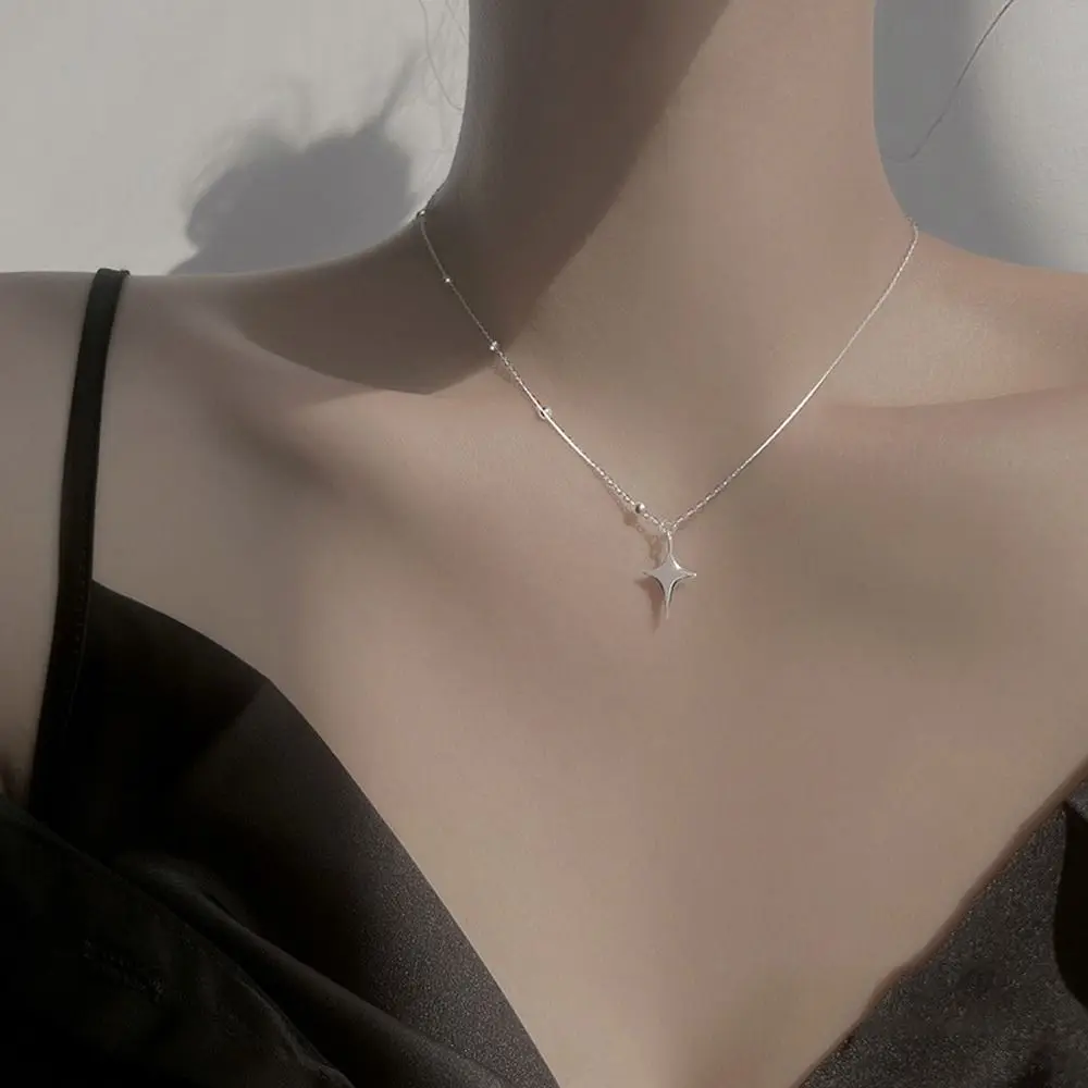 

Sterling Silver Four-Pointed Star Necklace Simple Clavicle Chain Shiny Zircon Tassel Cross Pendant Party Wedding Jewelry