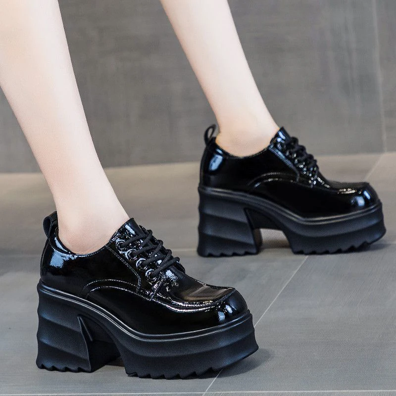 

Casual Woman Shoe Increas Height Autumn Black Flats Clogs Platform Square Toe Female Footwear All-Match Oxfords British Style Fa