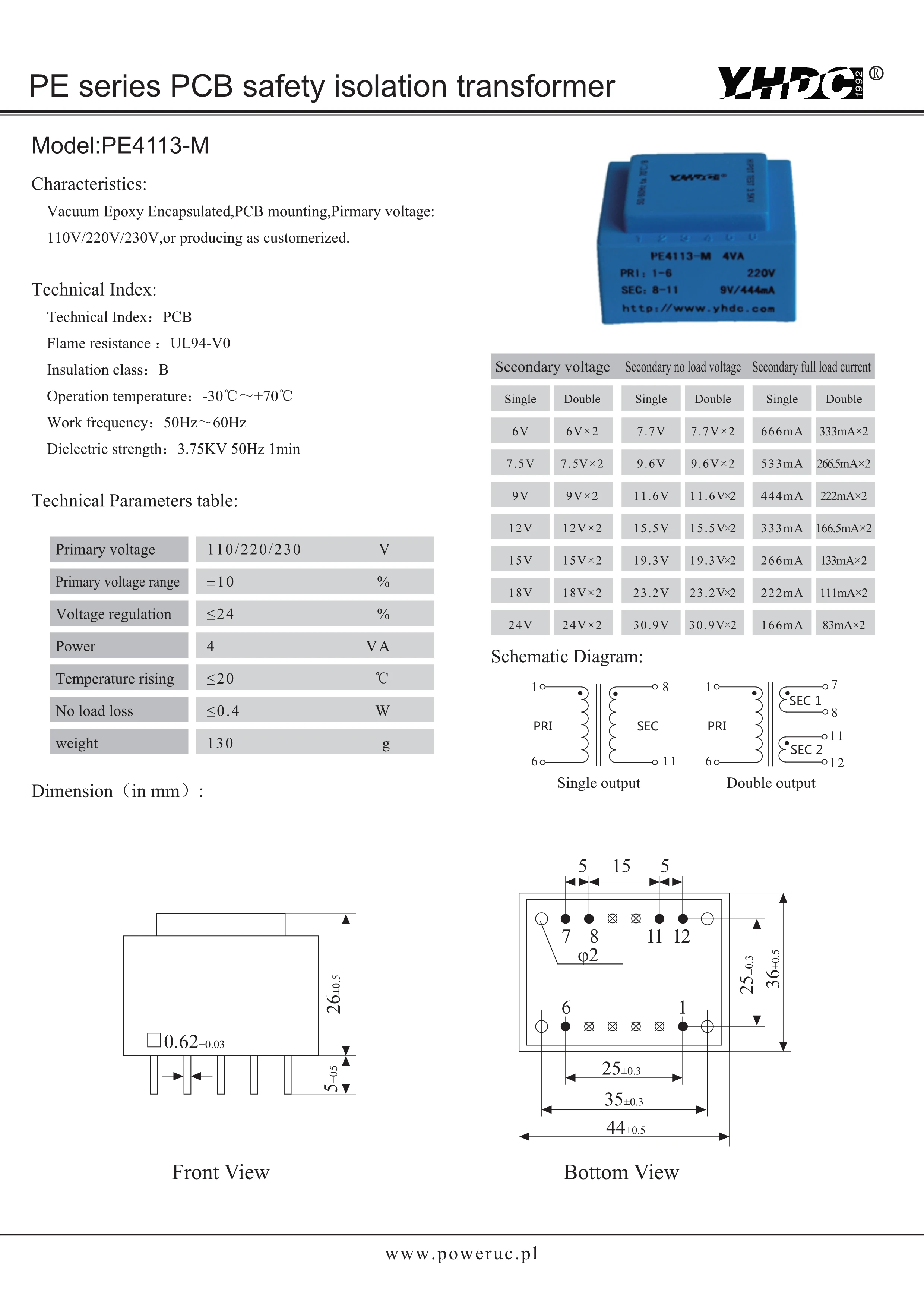 Силовой трансформатор YHDC PE4113-M 4 ва 110 В/2*15 В инкапсулированный для изоляции
