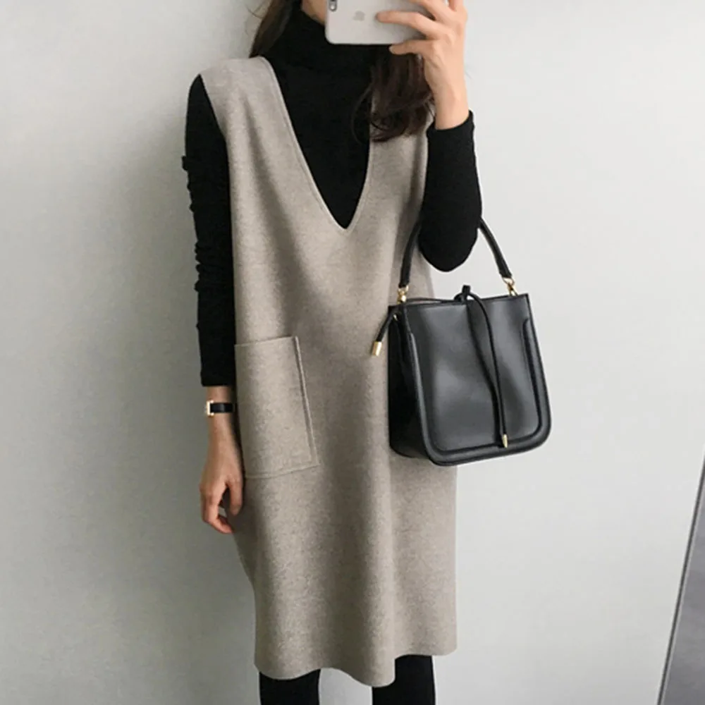 

2023 Vest Dress Women Pregnancy Vest Skirt New Spring Korean Knitted Knee Length Solid Casual Dress Autumn Loose Mama Clothes
