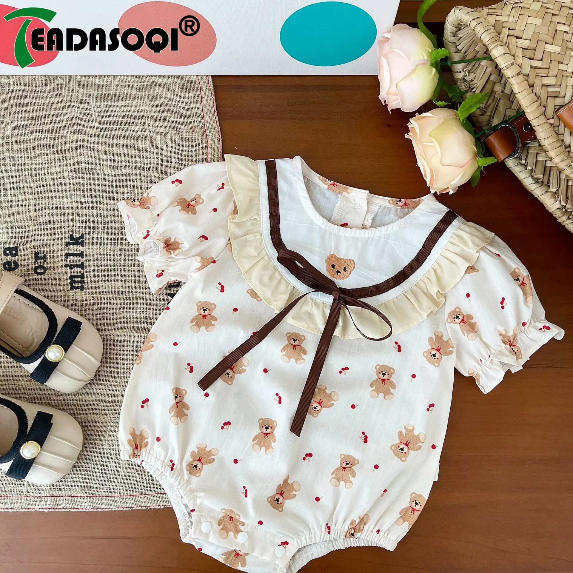 

Girls 0-2M Adorable Baby Bear bodysuits Bow Cute Cartoon ruffles Full Print Perfect Summer Outfits First Birthday Gift for kid
