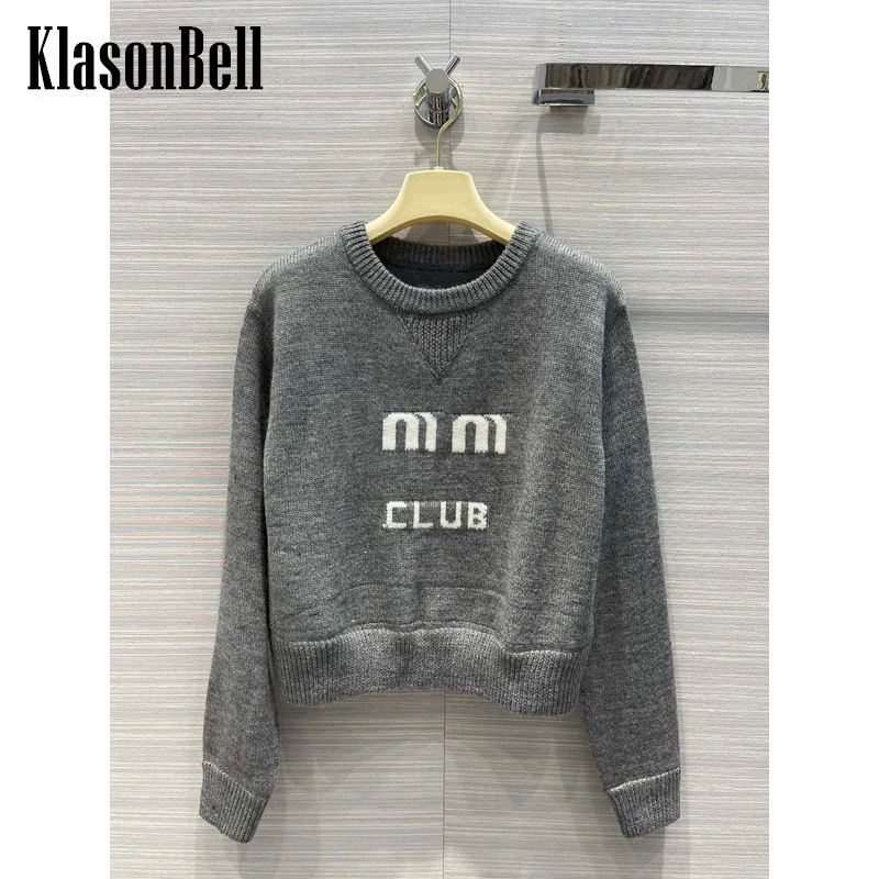 

8,9 KlasonBell, жаккардовый вязаный шерстяной короткий пуловер с круглым вырезом и надписью, женский свитер
