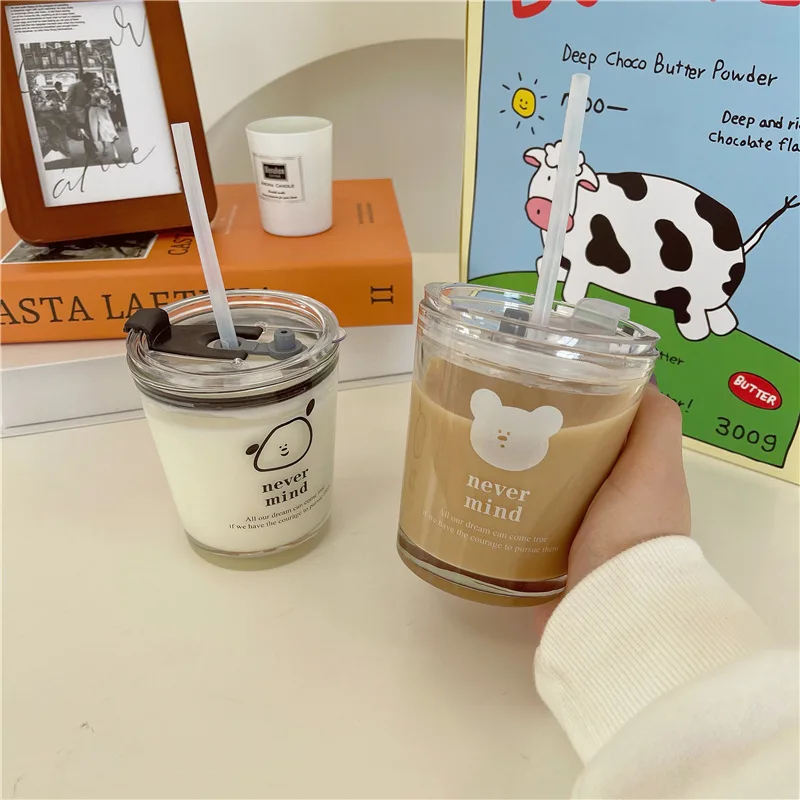 Korea Cartoon Straw Glass Cup Puppy Printed Coffee Cup Reusable Water Cup Cute Bear with Lid Cool Water Bottle Portable Drinking