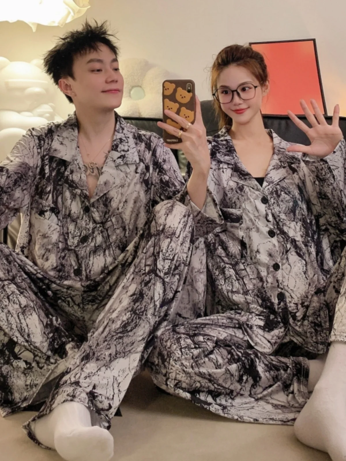 Мужские пижамы больших размеров для пар весенне-осенние с длинными рукавами из