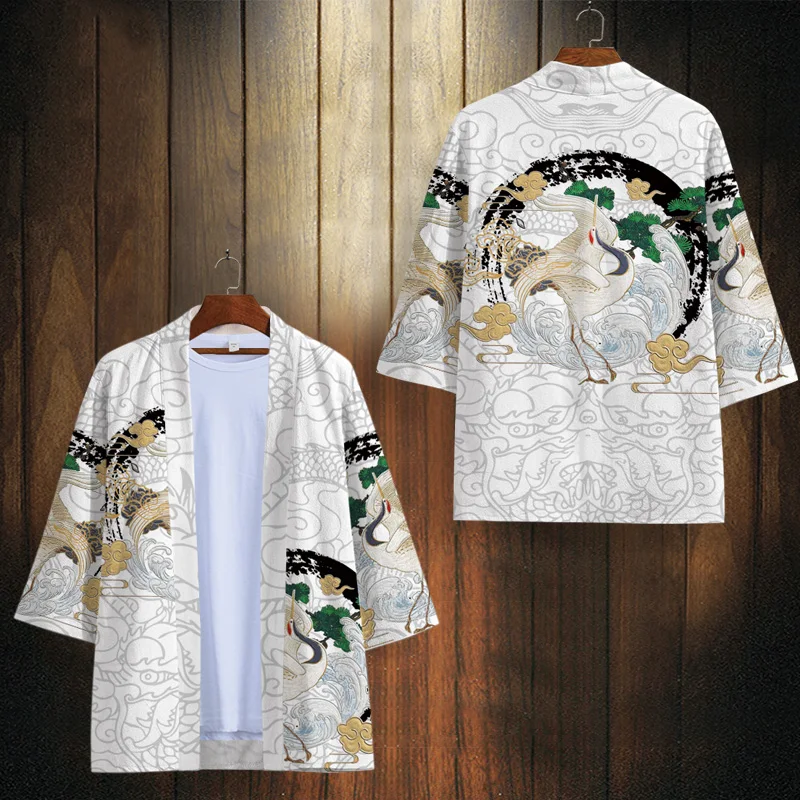 National Fashion Crane Cape coat Men's Autumn Thin Half Sleeve Robe Chinese Sle Daily Leisure Feather Woven Top