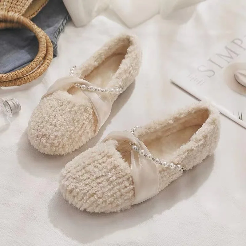 

Autumn and Winter Shoes Women's Flat Bottom Pearl Ribbon Shoes Women's Cotton Shoes Slip-on Shoes Women's Loafers Flat Shoes