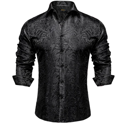 Мужская шелковая рубашка с длинным рукавом, черный Пейсли, повседневный смокинг, Классическая рубашка, роскошная дизайнерская мужская одежда
