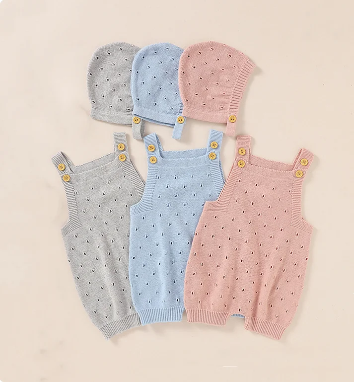 

0-18M Baby Rompers Cotton Knitted Newborn Girls Boys Jumpsuit Outfit Sleeveless Toddler Infant Summer Clothing Playsuit Hats