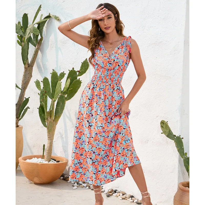 

2023 Women Festival Dress Printed Long Short-sleeved Tunic Shows Thin Temperament Long Dress V neck Shirred High Waist Pullover