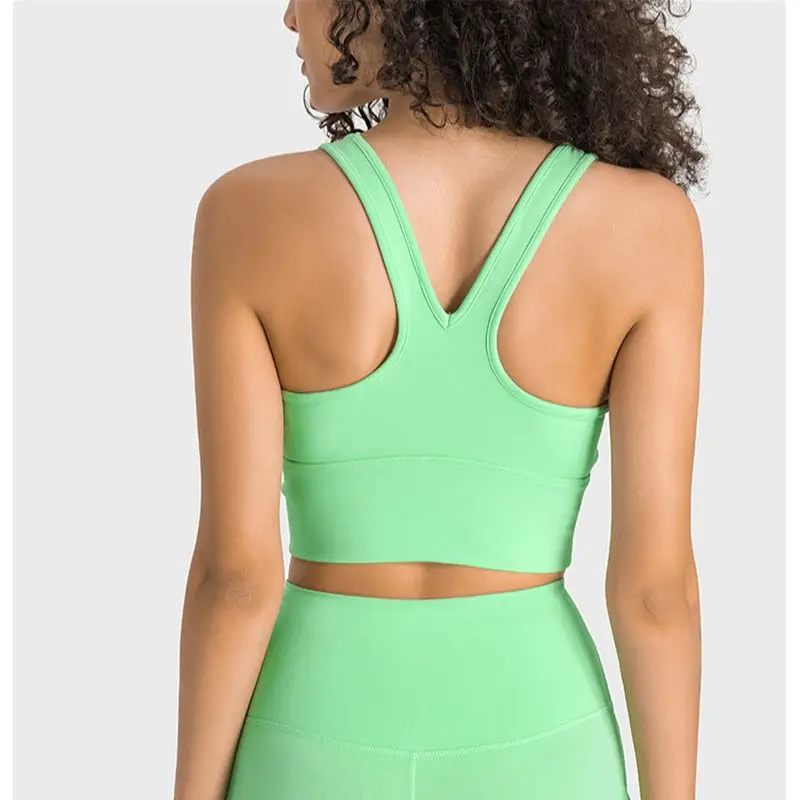 Solid Color Round Neck Fitness Bra Forward Wrinkle Sports Tank Top Women Yoga Underwear Tight Shockproof Support With Chest Pad