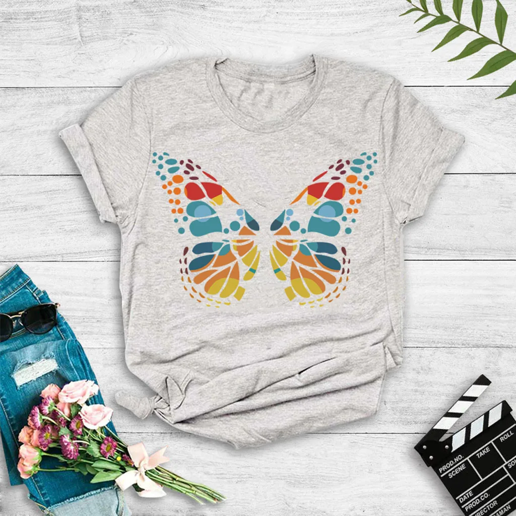 

Women Short Sleeve 3D Butterfly Printed O-Neck Tops Tee T-Shirt Blouse Tight Long Sleeve Shirts Loose Shirt