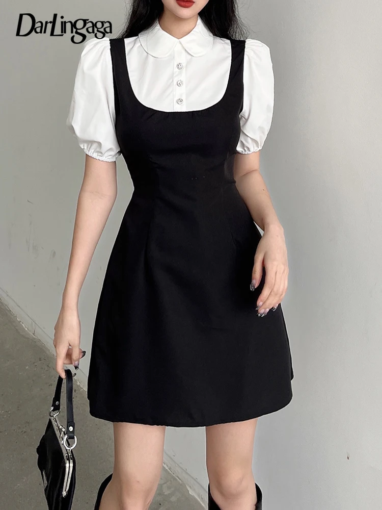 

Darlingaga Sweet Cute Peter Pan Collar Black White Patchwork Summer Dress Korean Casual A-Line Women's Dresses Preppy Mini Cloth