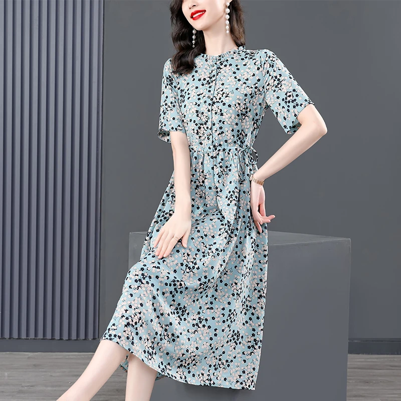 Summer New Women's Dress Plus Size5XL Ice Silk Printing Dresses Female Korean Short-Sleeved Over The Knee Lady |