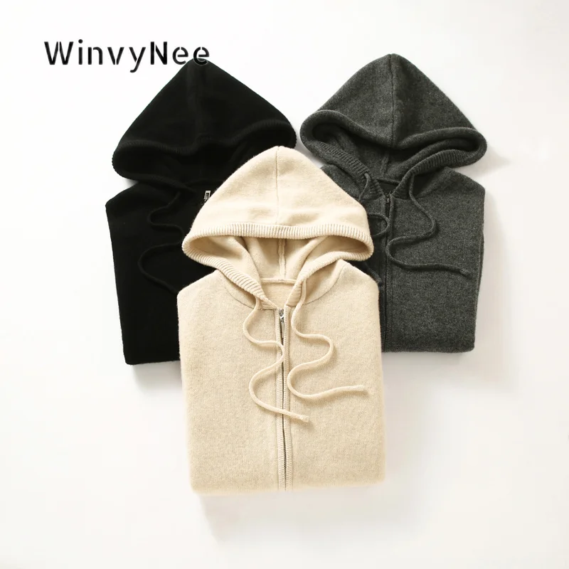 Фото Женский жилет WinvyNee с капюшоном из чистой шерсти, вязаный на молнии, модный кардиган без рукавов, повседневная мягкая верхняя одежда для многослойных образов C1733061 №4