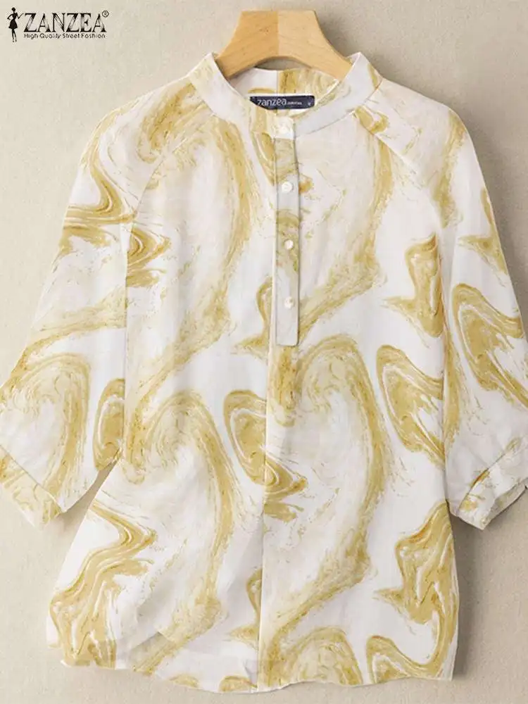 

ZANZEA OL 3/4 Sleeve Blouse Women Vintage Printed Tops 2022 Summer Holiday Baggy Camisas Tunic Blusa Casual Work Shirt Oversized