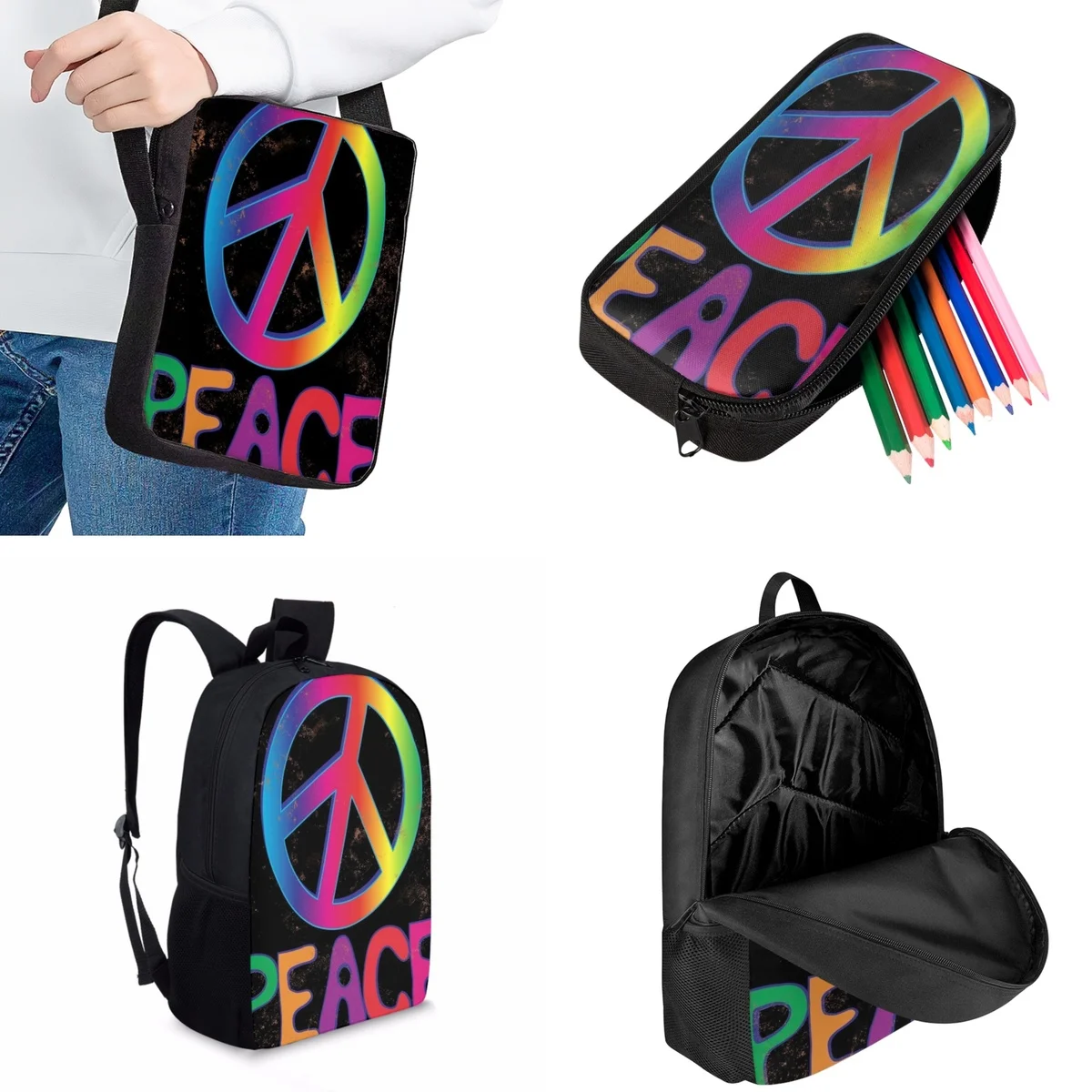 Jackherelook Colorful Gradient Pattern Peace Printing Teenager School Bag Casual Sports Travel Backpack Kids Practical Book Bags