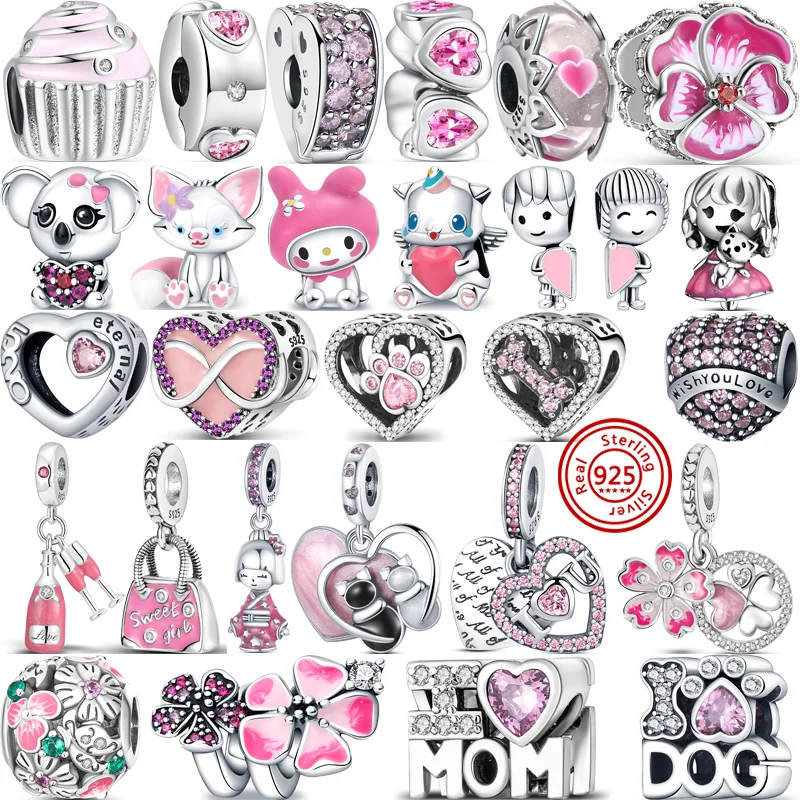

New Pink Series Flowers Butterfly Paw Print Heart Mom Forever Love Beads Fit Original Pandora Charms 925 Silver Bracelet Jewelry