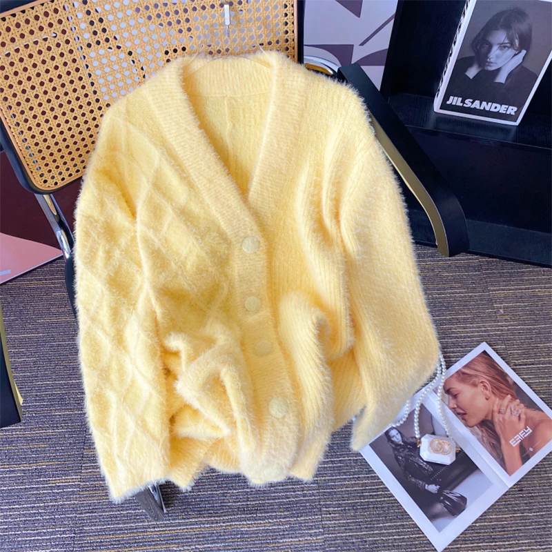 

Yellow Sweet V-neck Soft Knit Cardigan Gentle Style Single Breasted Long Sleeved Top Women's Sweater Coat 2023 New