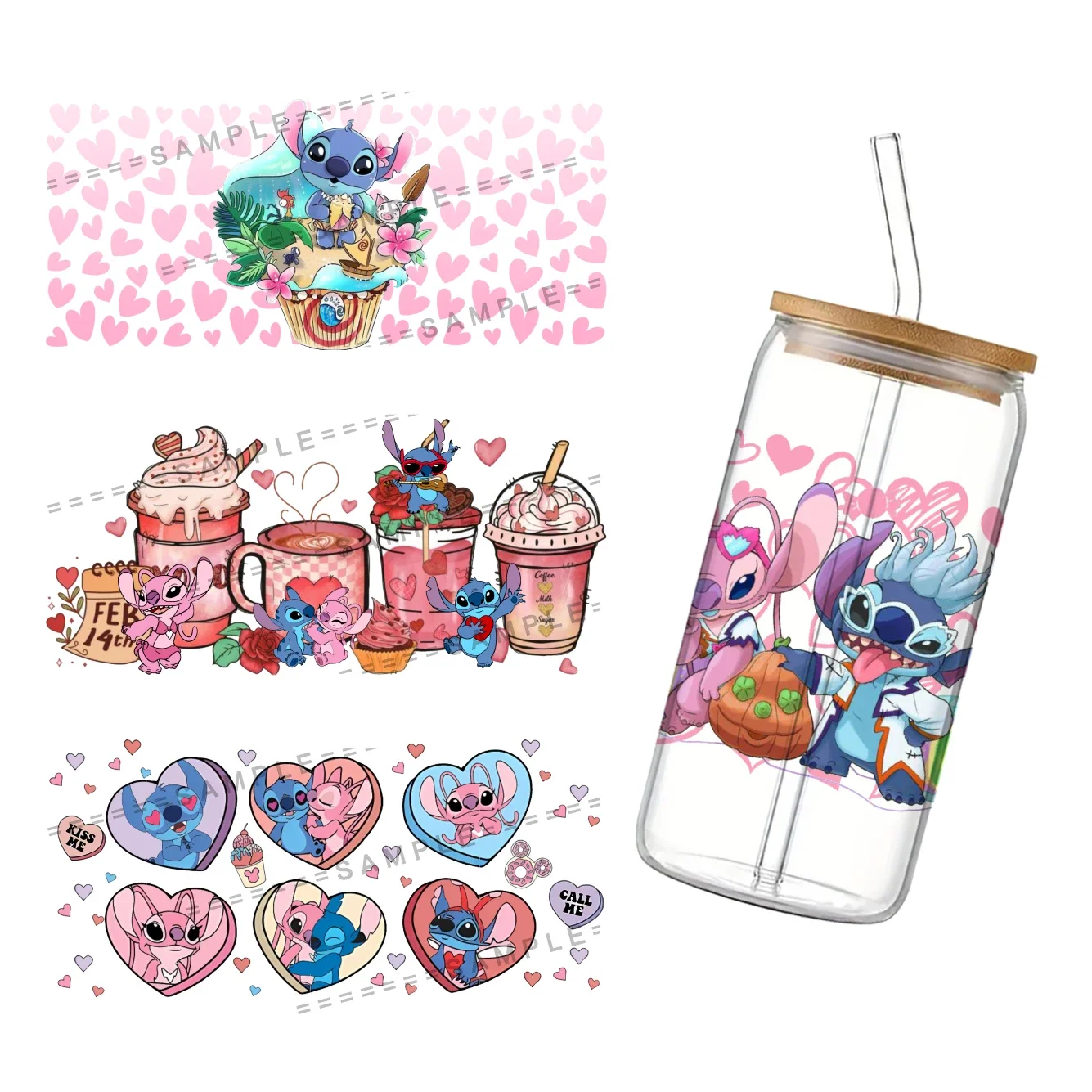 Фото Наклейка-переводка для стакана 16 унций Libbey Disney Stitch, 11x24 см, с УФ-печатью, тематика Дня святого Валентина, для самостоятельного изготовления №3