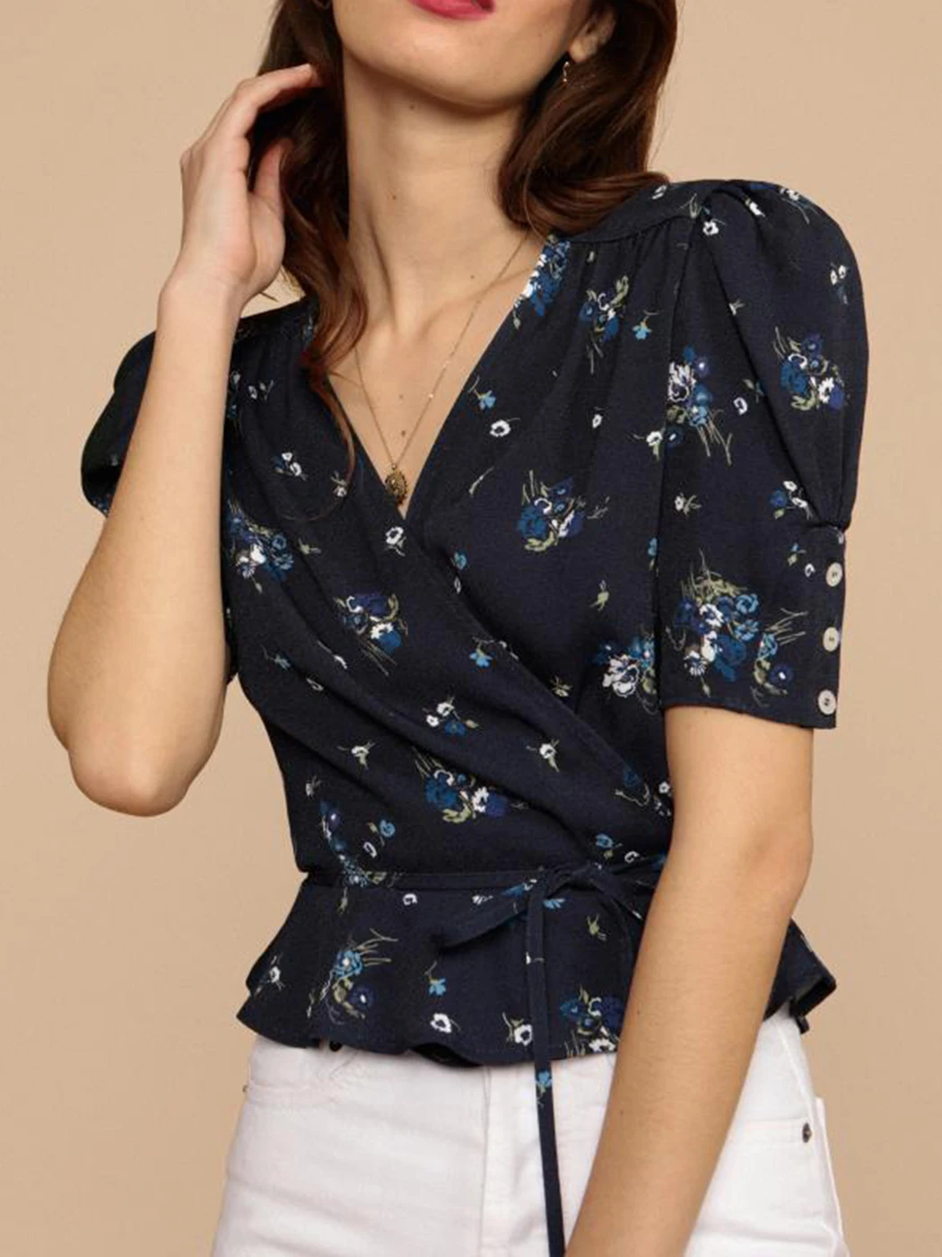 

Floral Print French Elegant Shirt Top Women Summer 2022 V Neck Puff Short Sleeve Belt Cardigan Tops Vinatge Commute Blouses