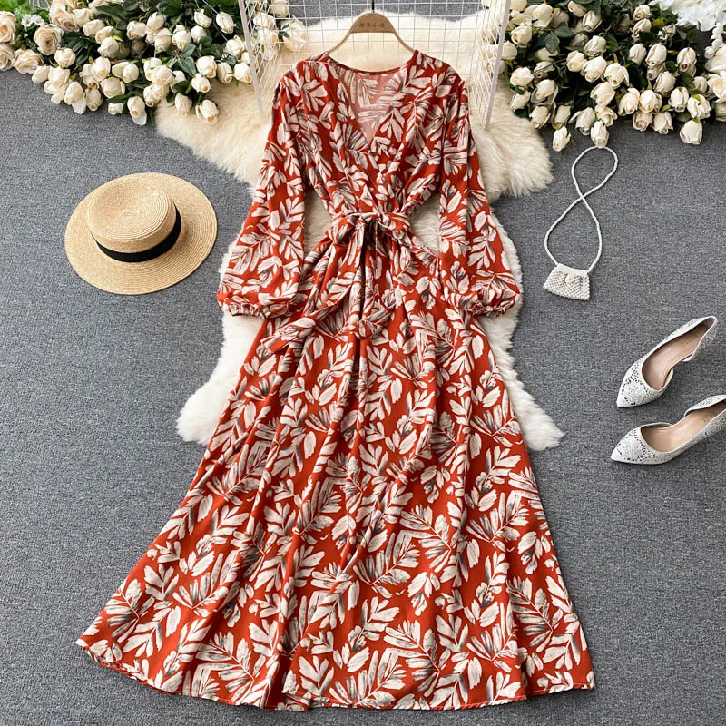 

Ethnic Style Floral Chiffon Dresses For Women 2022 Autumn Bandage Waist Temperament Dress Woman Small Fresh Sweet Women's Dress